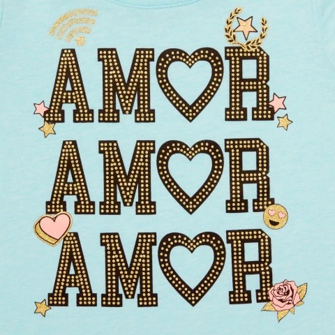 Girls Short Sleeve Glitter 'amor' Graphic Top- Sea Blue