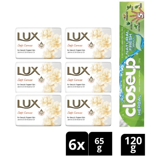 LUX - Soft Caress Bar Soap - 65g X6 + Closeup - Herbal Toothpaste - 120g