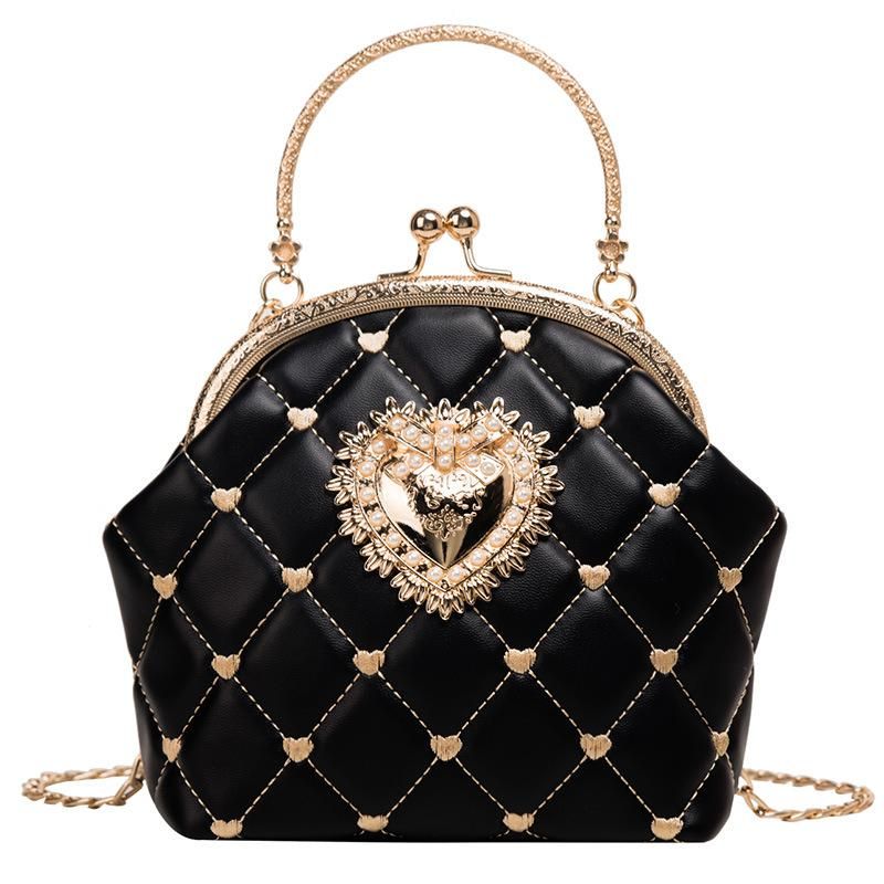 Embroidery Women Leather Handbag Vintage Heart Design Evening Bag Party Black