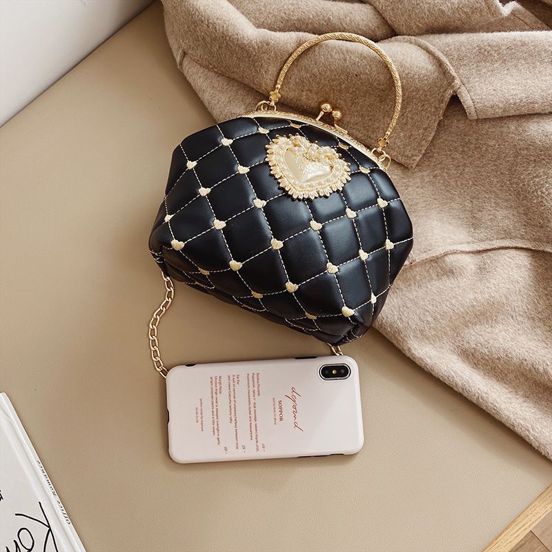 Embroidery Women Leather Handbag Vintage Heart Design Evening Bag Party Black