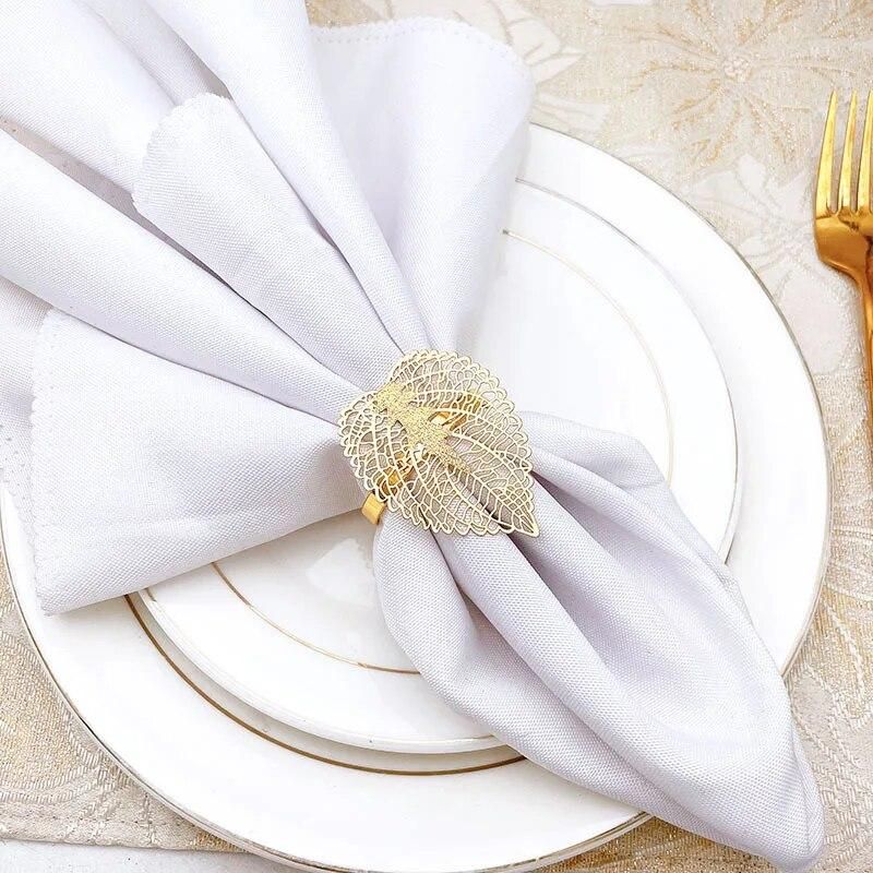 10pcs Hotel golden leaf napkin ring metal hollow napkin buckle cloth ring