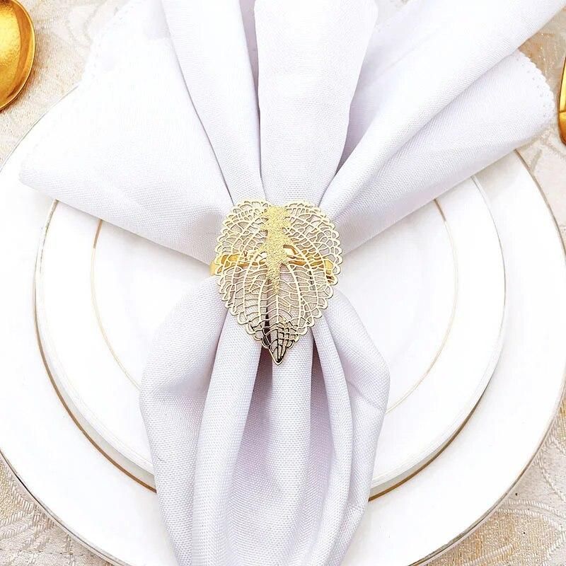 10pcs Hotel golden leaf napkin ring metal hollow napkin buckle cloth ring