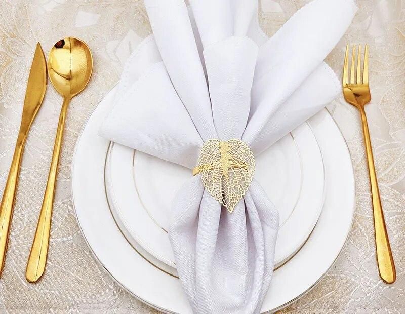 10pcs Hotel golden leaf napkin ring metal hollow napkin buckle cloth ring