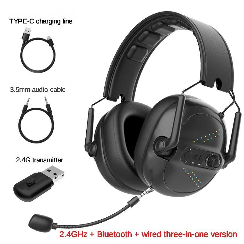 Wireless gaming headset with detachable microphone, 2.4GHz and Bluetooth 5.0 dual connection modes, foldable ear cups, black