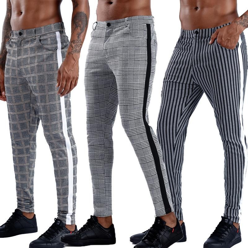 Checkered elastic trousers for men Fitted trousers Bottomsuit street clothing for informal running