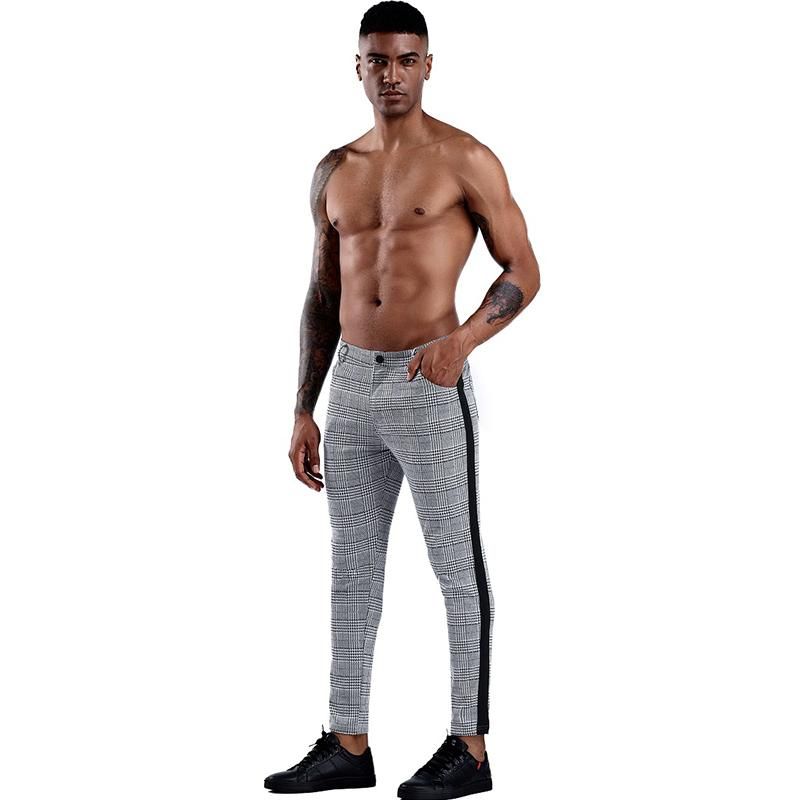 Checkered elastic trousers for men Fitted trousers Bottomsuit street clothing for informal running
