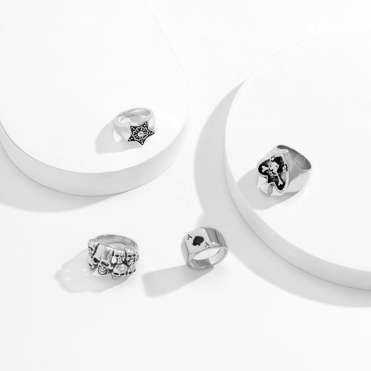 Retro Skull Ace Of Spades Pentagram Men's Ring Four-piece Set