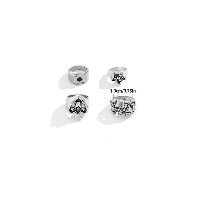 Retro Skull Ace Of Spades Pentagram Men's Ring Four-piece Set