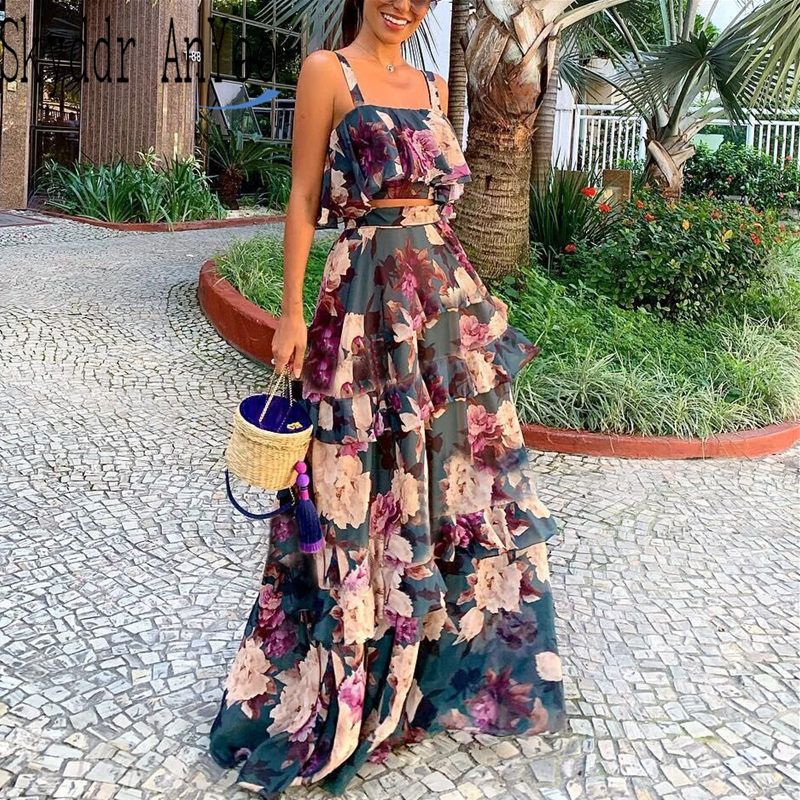 Women Summer Boho Beach Two Piece Set Sexy Skirt Set Crop Top+Maxi Long Skirt Floral Printed Ruffles High Waist Casual Two Piece（#As Photo）