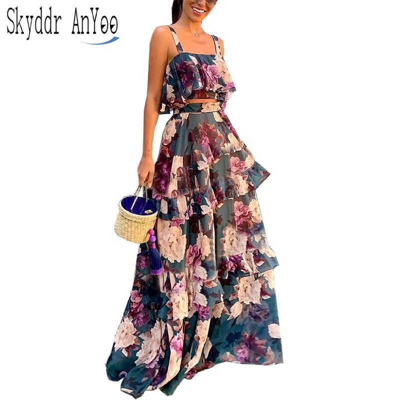 Women Summer Boho Beach Two Piece Set Sexy Skirt Set Crop Top+Maxi Long Skirt Floral Printed Ruffles High Waist Casual Two Piece（#As Photo）