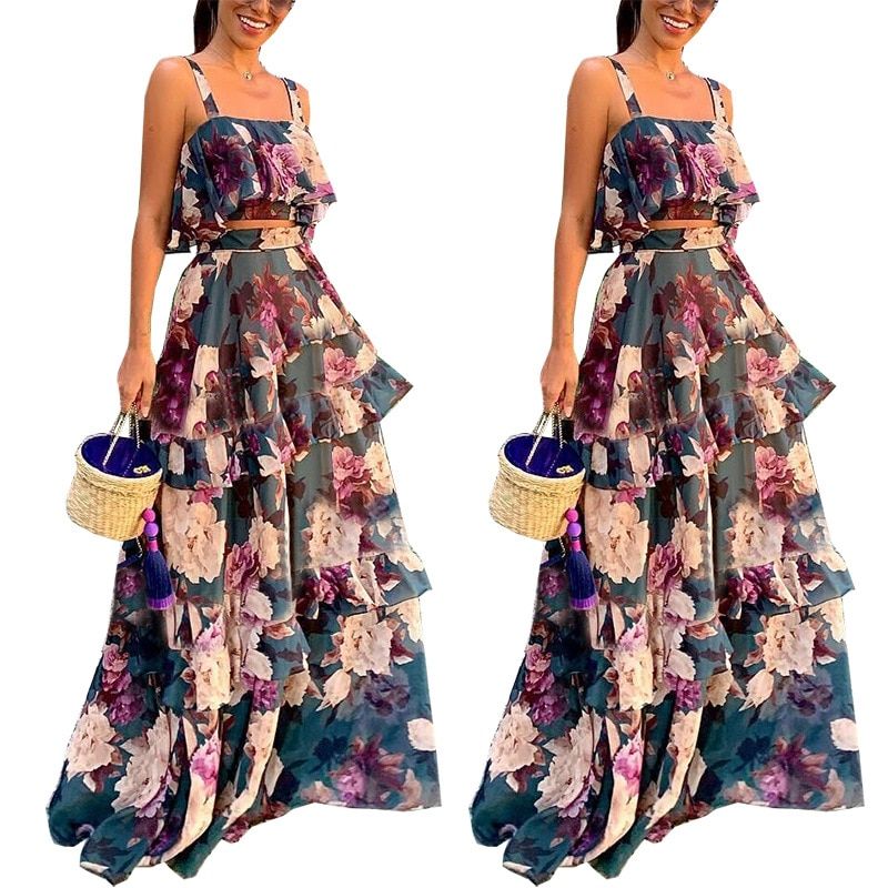 Women Summer Boho Beach Two Piece Set Sexy Skirt Set Crop Top+Maxi Long Skirt Floral Printed Ruffles High Waist Casual Two Piece（#As Photo）
