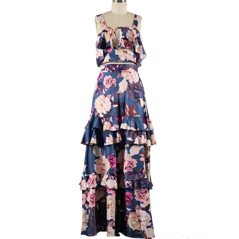 Women Summer Boho Beach Two Piece Set Sexy Skirt Set Crop Top+Maxi Long Skirt Floral Printed Ruffles High Waist Casual Two Piece（#As Photo）