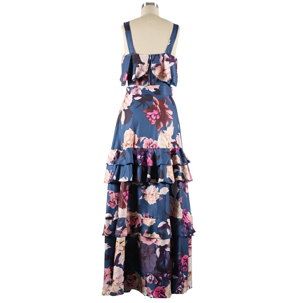 Women Summer Boho Beach Two Piece Set Sexy Skirt Set Crop Top+Maxi Long Skirt Floral Printed Ruffles High Waist Casual Two Piece（#As Photo）
