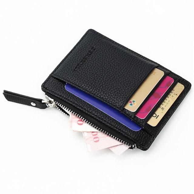 Mini tarjetero de cuero Pu para hombre billetera con cierre de mujer monedero pequeno bolsillo ultrafino-black