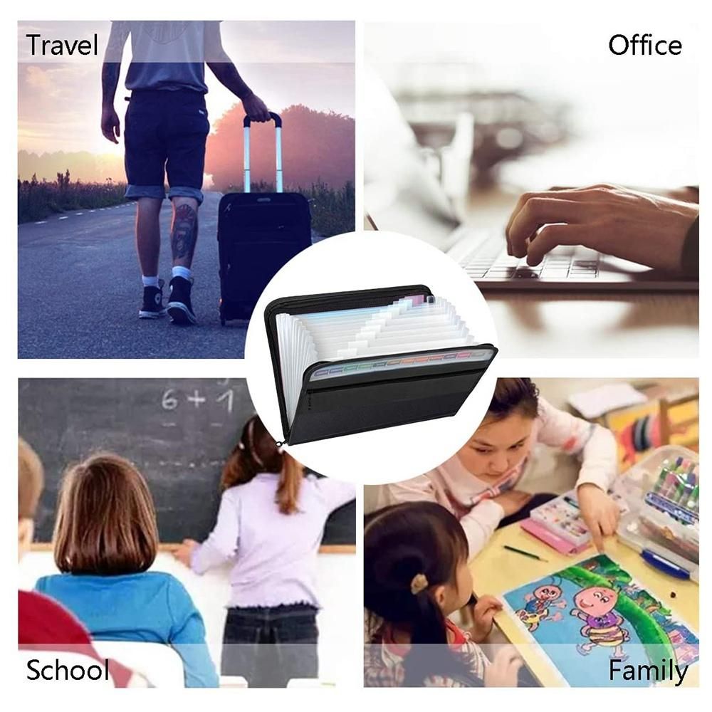 13 Pockets Expanding File Folder A4 Plastic Document Wallet Organizer for Personal Office Stationary Storage Black