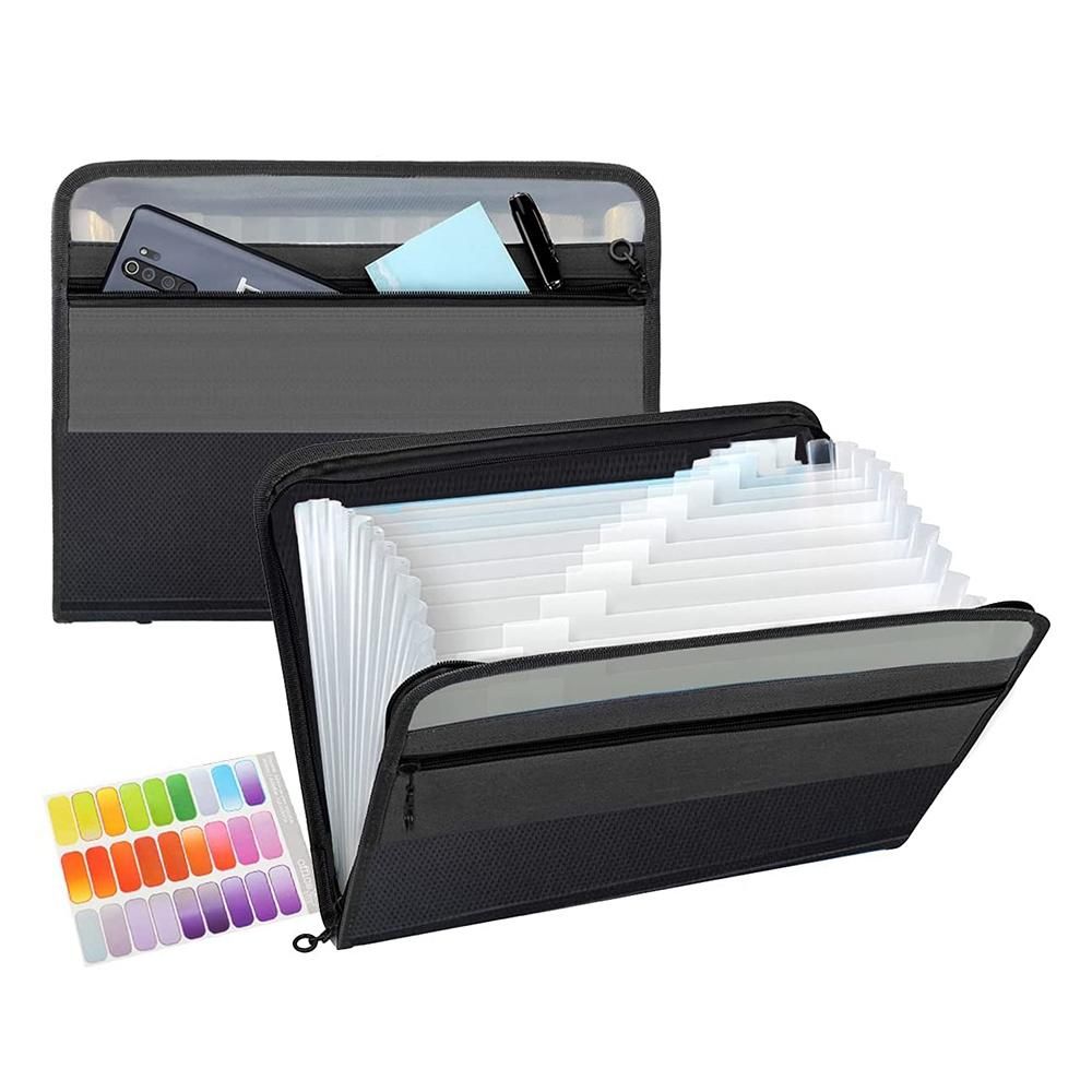 13 Pockets Expanding File Folder A4 Plastic Document Wallet Organizer for Personal Office Stationary Storage Black