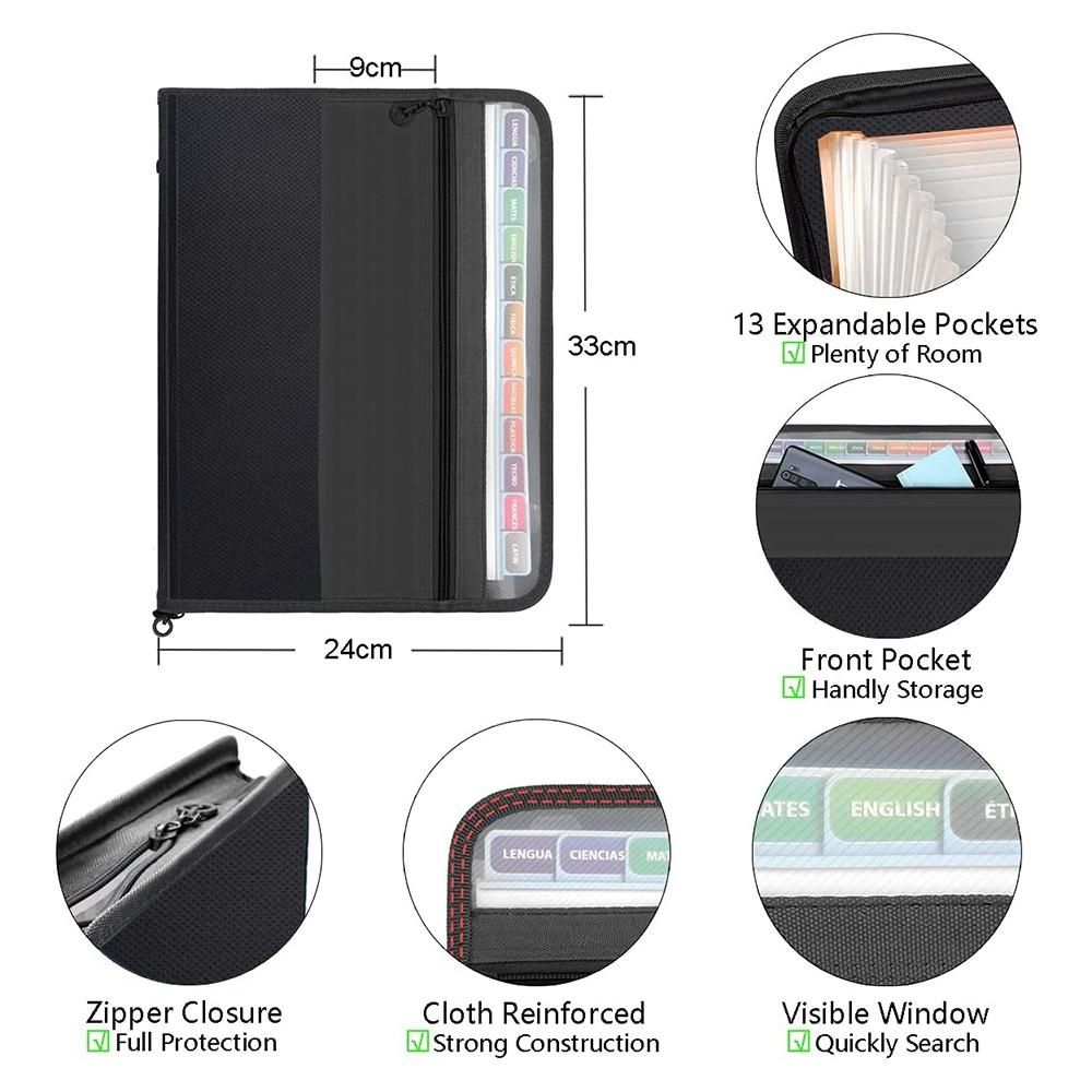 13 Pockets Expanding File Folder A4 Plastic Document Wallet Organizer for Personal Office Stationary Storage Black
