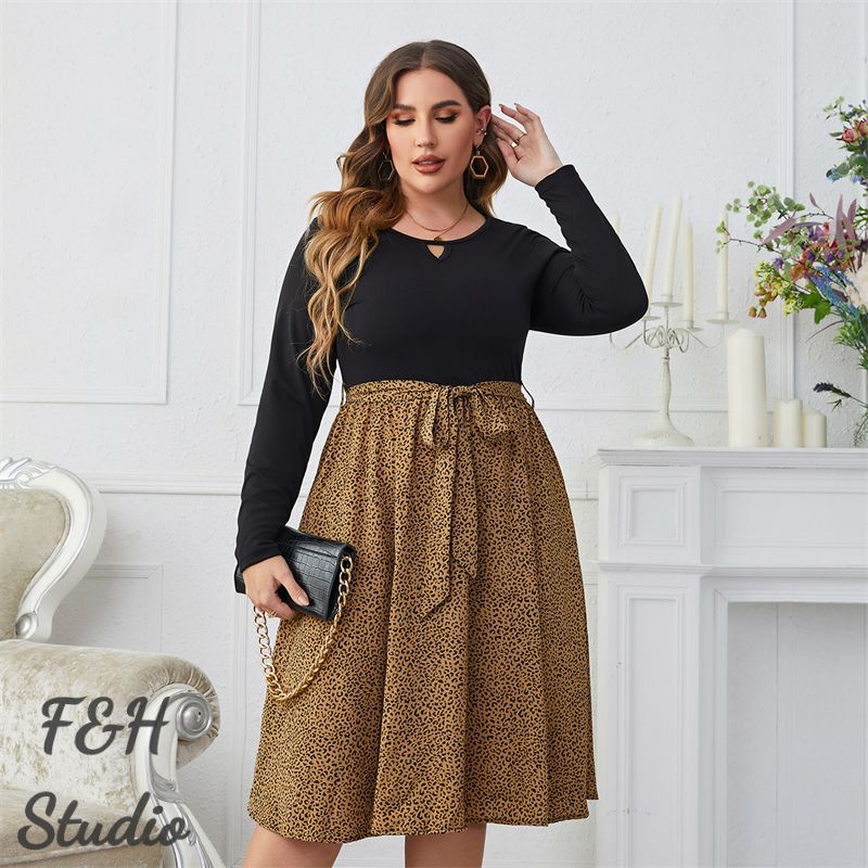 F&H 3553 XL-4XL Leopard Plus Size Long Sleeve Women Dress