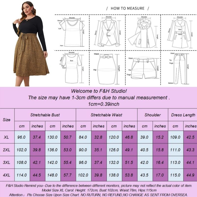 F&H 3553 XL-4XL Leopard Plus Size Long Sleeve Women Dress