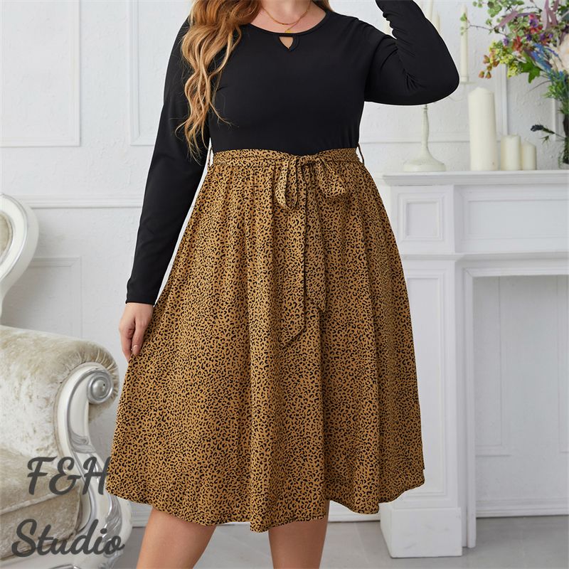 F&H 3553 XL-4XL Leopard Plus Size Long Sleeve Women Dress