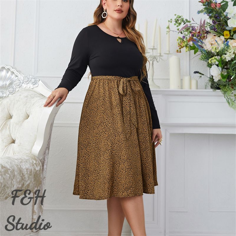 F&H 3553 XL-4XL Leopard Plus Size Long Sleeve Women Dress
