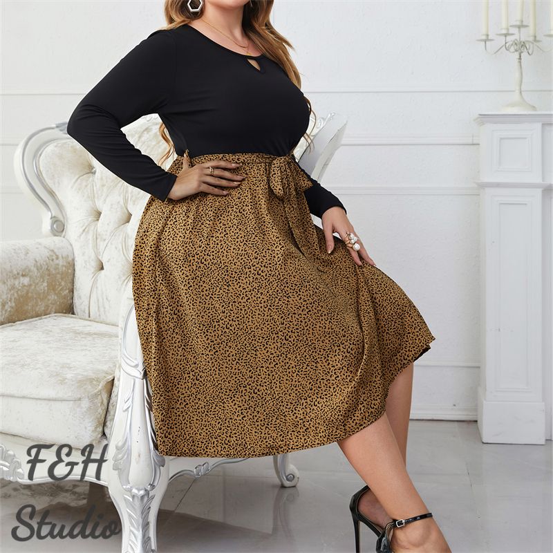F&H 3553 XL-4XL Leopard Plus Size Long Sleeve Women Dress