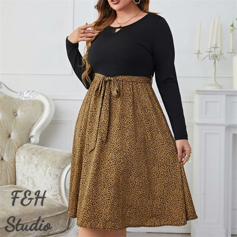 F&H 3553 XL-4XL Leopard Plus Size Long Sleeve Women Dress