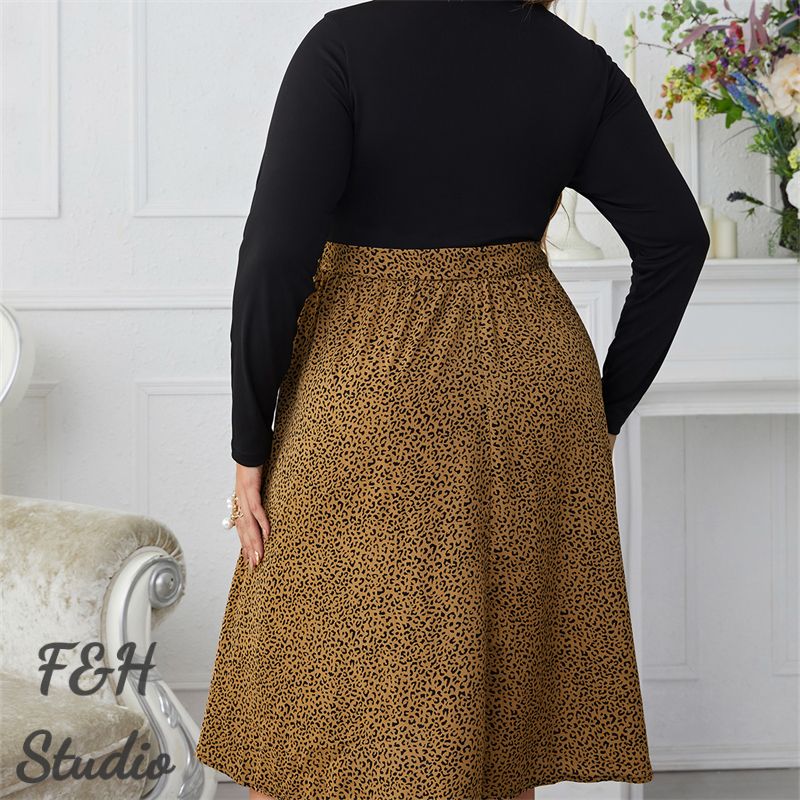 F&H 3553 XL-4XL Leopard Plus Size Long Sleeve Women Dress