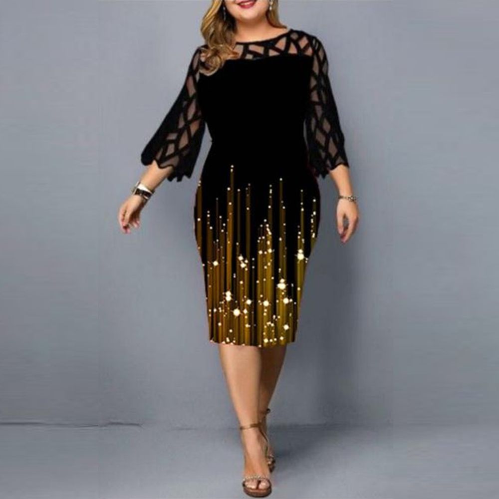 (Gold)Plus Size Women Clothing Elegant Casual Party Dress Autumn/Winter Lace Print Knee-Length Flare Sleeve O-Neck SAB