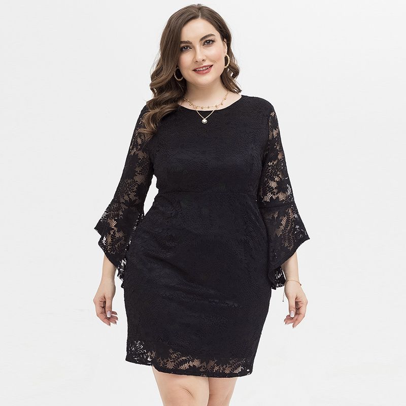 XL-4XL Women Round Neck Horn Half Sleeve Lace Plus Size Dress Black 2067