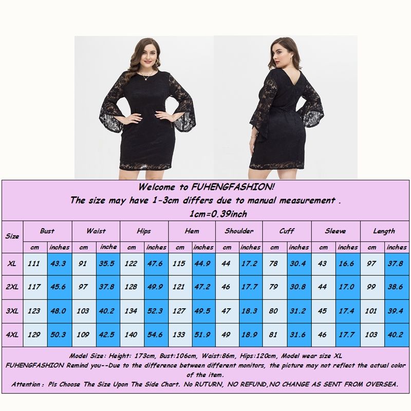 XL-4XL Women Round Neck Horn Half Sleeve Lace Plus Size Dress Black 2067