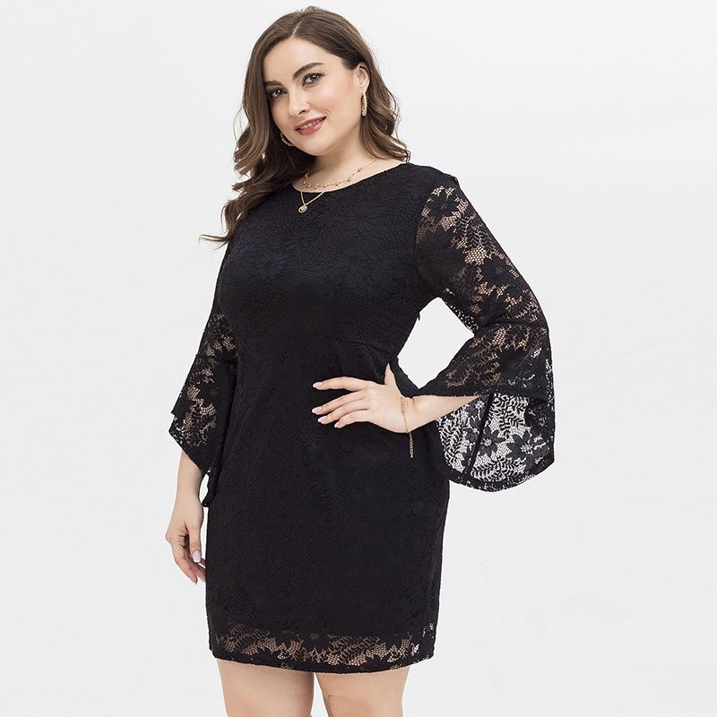 XL-4XL Women Round Neck Horn Half Sleeve Lace Plus Size Dress Black 2067