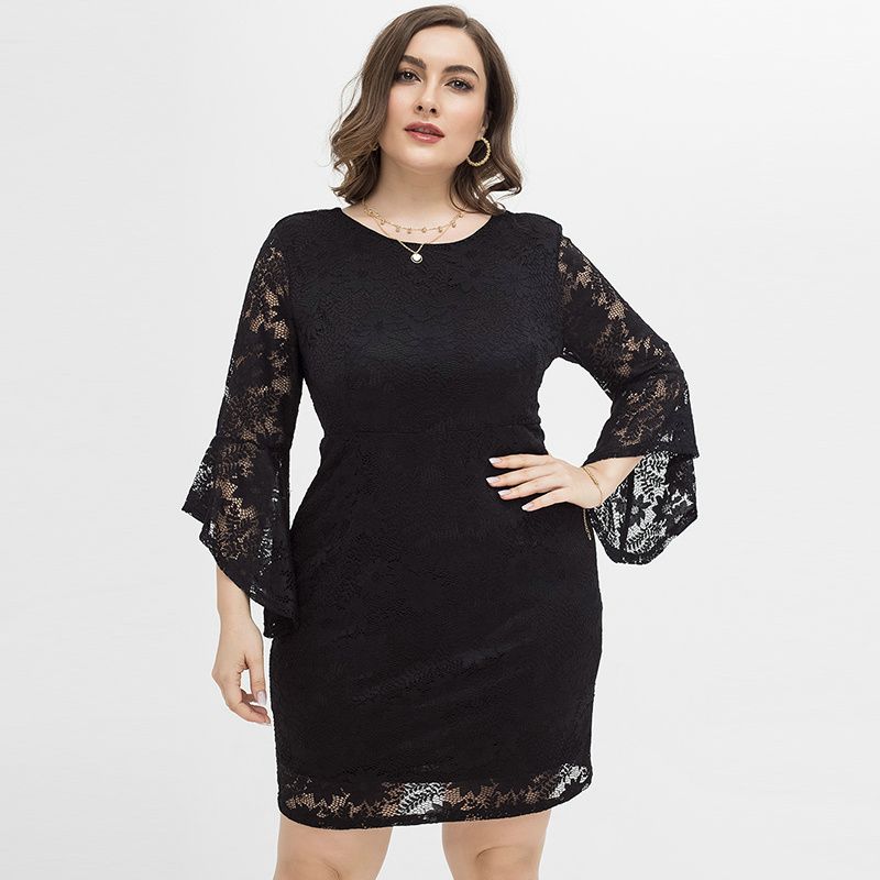 XL-4XL Women Round Neck Horn Half Sleeve Lace Plus Size Dress Black 2067