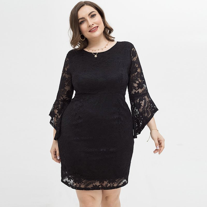 XL-4XL Women Round Neck Horn Half Sleeve Lace Plus Size Dress Black 2067