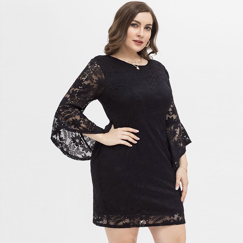 XL-4XL Women Round Neck Horn Half Sleeve Lace Plus Size Dress Black 2067