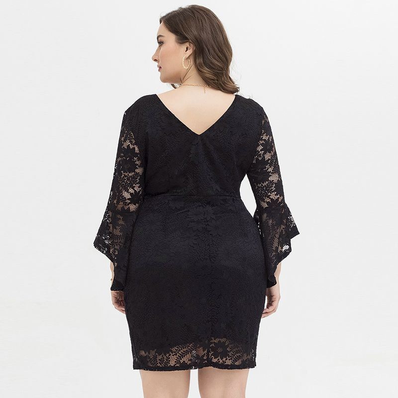 XL-4XL Women Round Neck Horn Half Sleeve Lace Plus Size Dress Black 2067