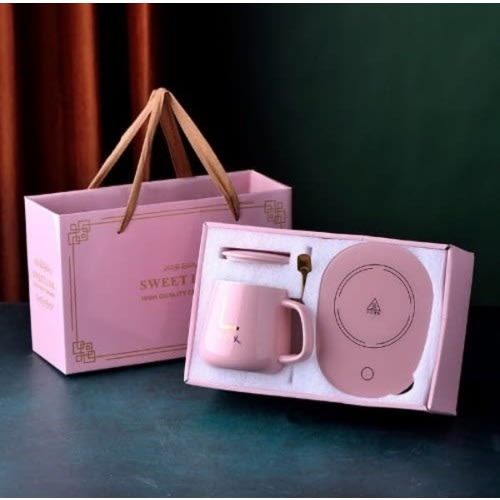 Insulated Ceramic Coffee Mug With Heating Pad - Cover And Teaspoon - 16W - Pink