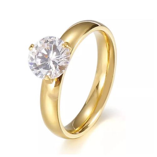 3pc. 6mm/4mm Width Stainless Steel Gold Tone Engagement Wedding Ring Set