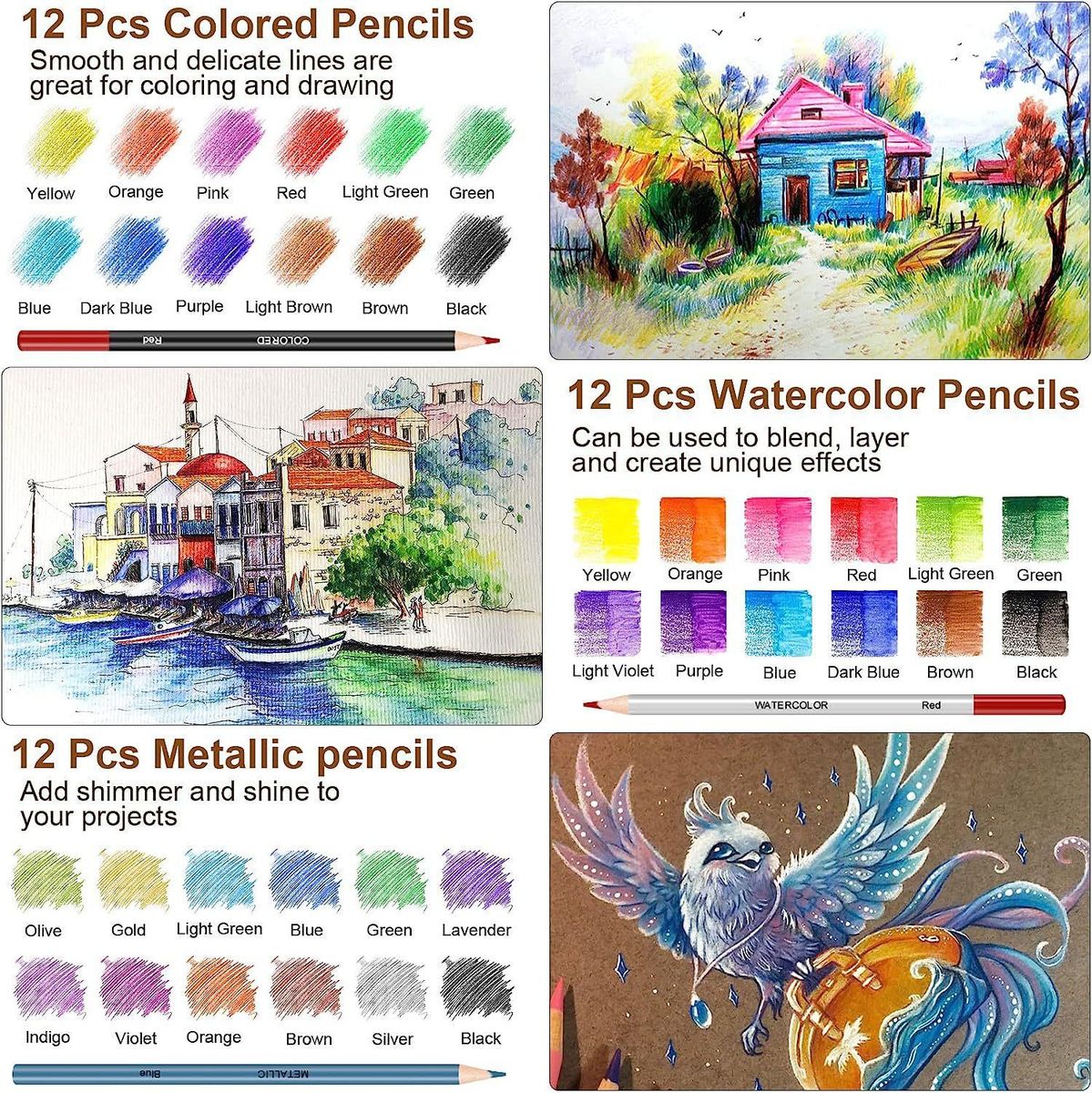 74 Pieces Sketch Pencil Set Water Soluble Oily Metal Colored Pencils Professional Art Supplies