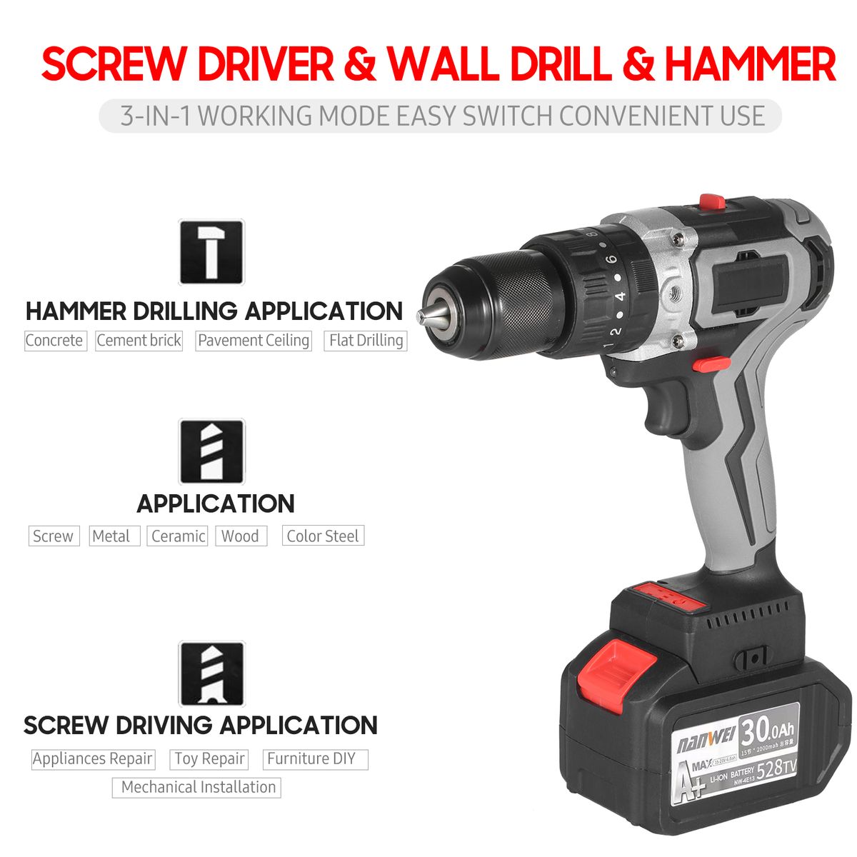 Cordless Drill Driver 21V 6.0A Battery Max Torque 200N.m 1/2