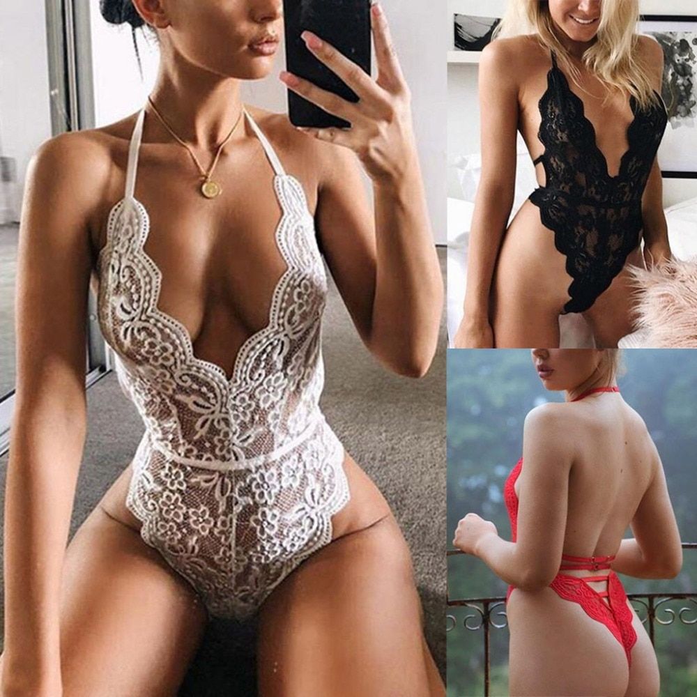 Women Lace Coverall Women Sexy Backless Lace Halter Sleeveless Jumpsuit Deep-V Neck Bodysuit Party Bodysuit Jumpsuit(#White)