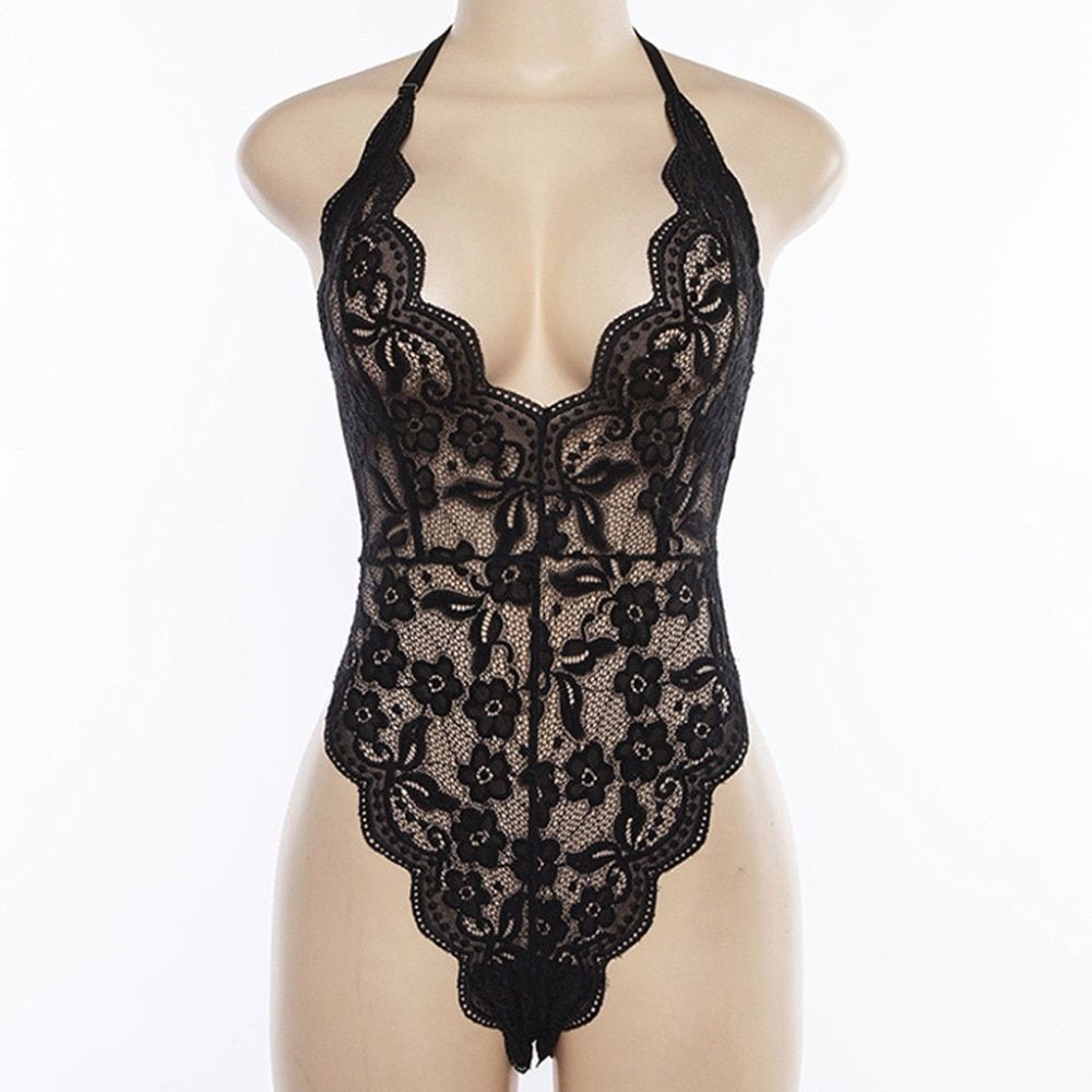 Women Lace Coverall Women Sexy Backless Lace Halter Sleeveless Jumpsuit Deep-V Neck Bodysuit Party Bodysuit Jumpsuit(#White)