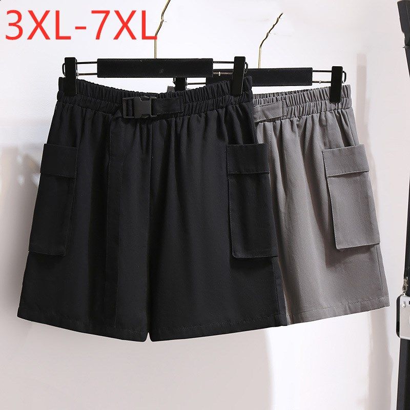 (Black)New 2021 Ladies Summer Plus Size Sports Shorts For Women Large Loose Casual Wide Leg Black Pocket Shorts 3XL 4XL 5XL 6XL 7XL SAB