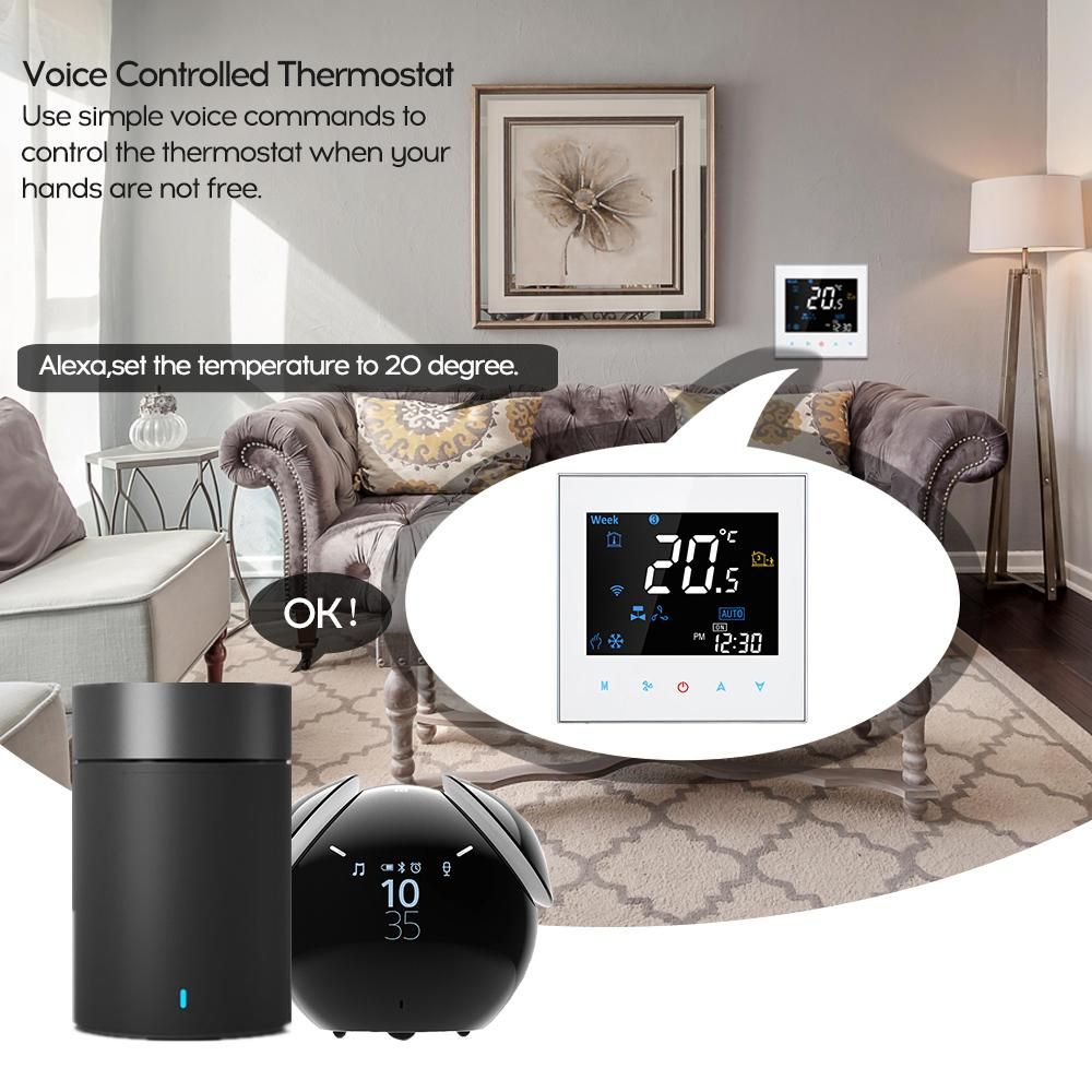 Four Pipe Wifi Voice Intelligent Room Thermostat Digital Programmable Temperature Controller for Air Conditioner (BAC-3000ELW, Black)