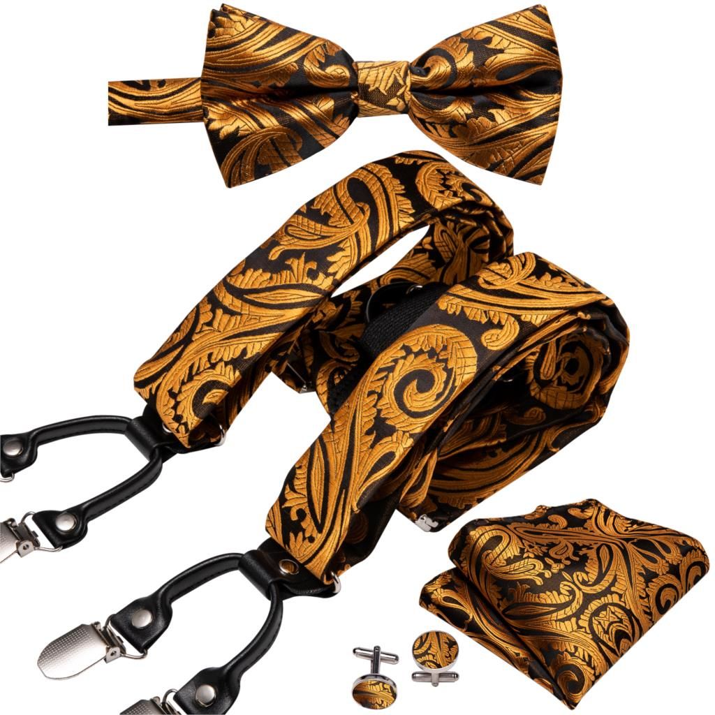 Green Blue Men Suspender Set Silk Bowtie 6 Clips Waist Belt S Vintage Men