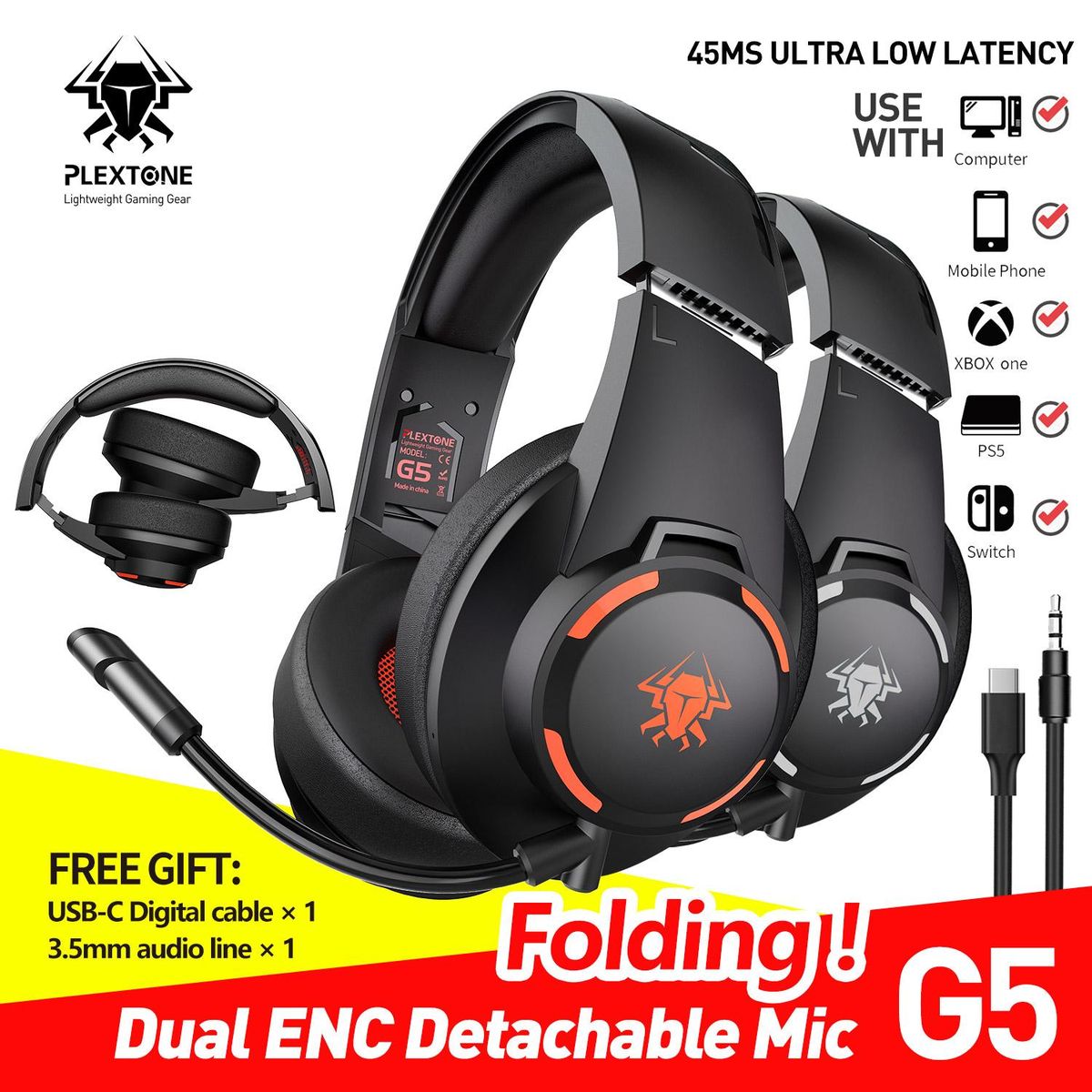 PLEXTONE G5 Gaming ANC Headset Foldable Wireless 45ms Low Latency with mic Noise Cancelling Earphone for Esports BT5.1