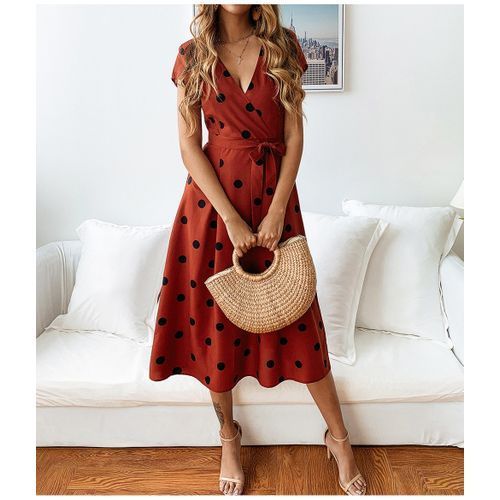Lossky Summer Women Vintage Long Dress Casual Polka Dot Print Party Short Sleeve Dresses Sexy V-neck Fashion Woman Clothes Y2k