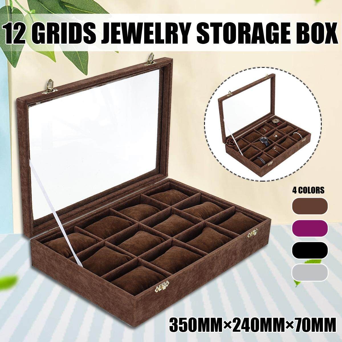 12 Grids Jewelry Storage Box Watch Display PU Leather Watch Case Organizer 35cm*24cm*7cm Coffee