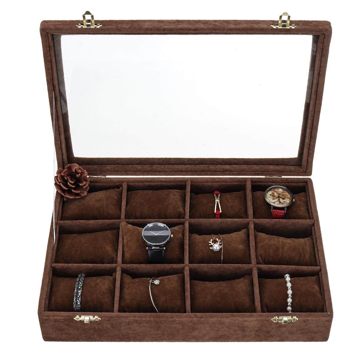 12 Grids Jewelry Storage Box Watch Display PU Leather Watch Case Organizer 35cm*24cm*7cm Coffee