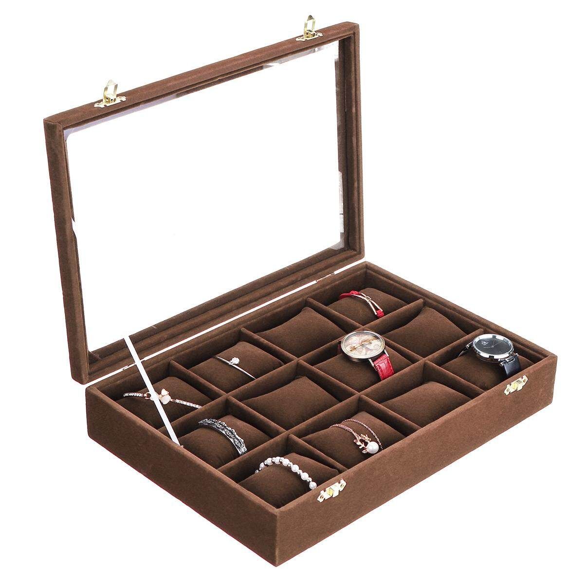12 Grids Jewelry Storage Box Watch Display PU Leather Watch Case Organizer 35cm*24cm*7cm Coffee